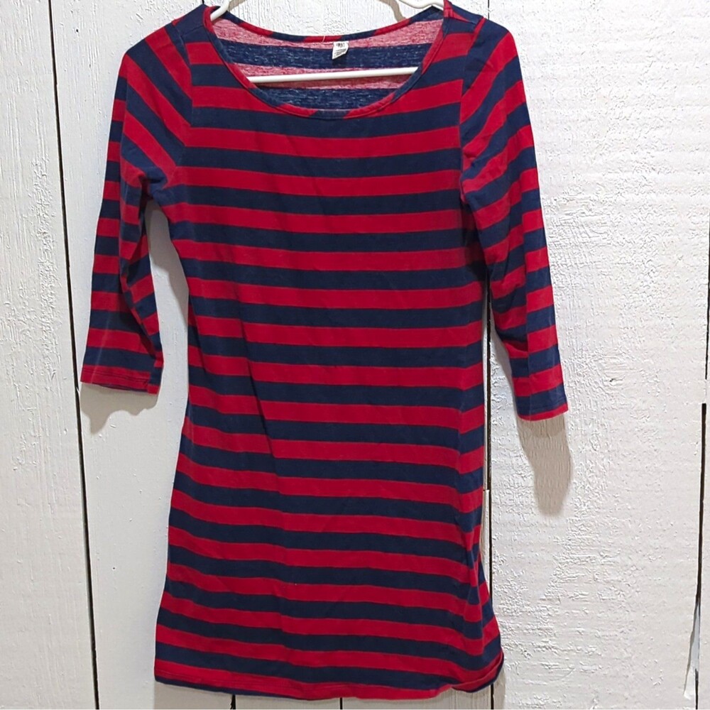 Women’s Red/Blue Striped Knit T-Shirt Dress Scoop Neck 3/4 Sleeve M